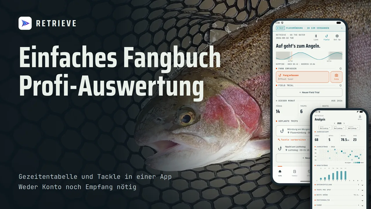 RETRIEVE - Angeltagebuch & Log: Fangbuch, Gezeiten, Tackle. Kostenlos, offline. Einfach loggen: Was fängt heute?