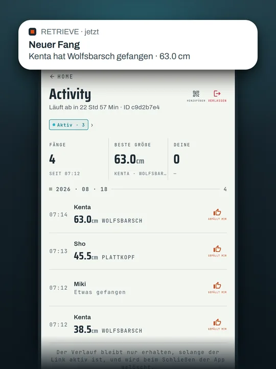 Screenshot der Angel-App RETRIEVE: Auch im Funkloch mit Kumpels verbunden