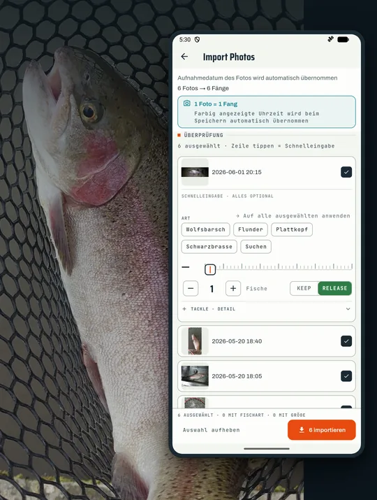 Screenshot der Angel-App RETRIEVE: Alte Fangfotos werden direkt zum Fangbuch