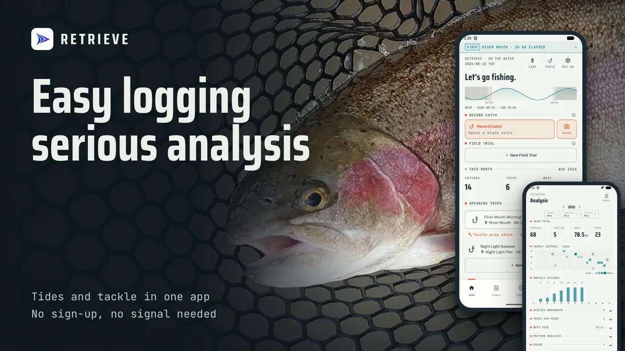 RETRIEVE Fishing Log & Journal: Catch log, tides & tackle. Free, offline. Easy logging. Dial in today's pattern.
