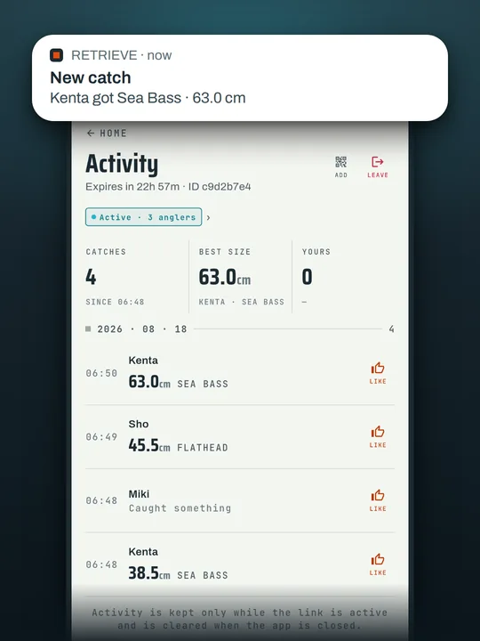 RETRIEVE fishing app screenshot: Zero bars? Still linked to your crew