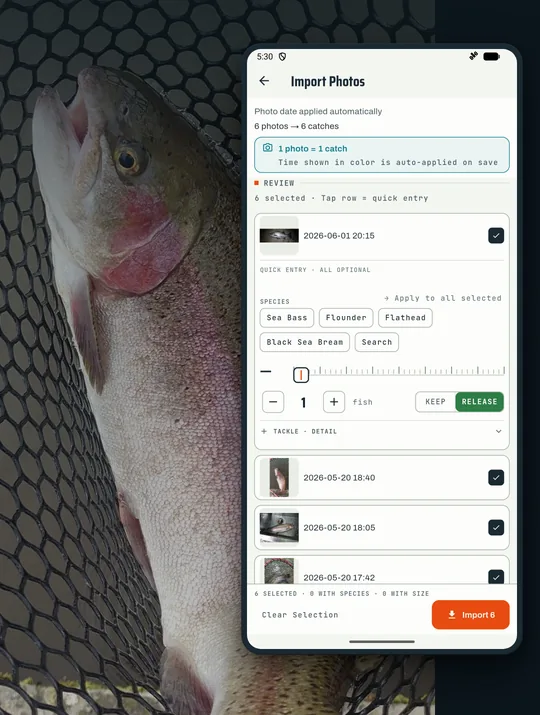 RETRIEVE fishing app screenshot: Old catch photos? Add them all at once