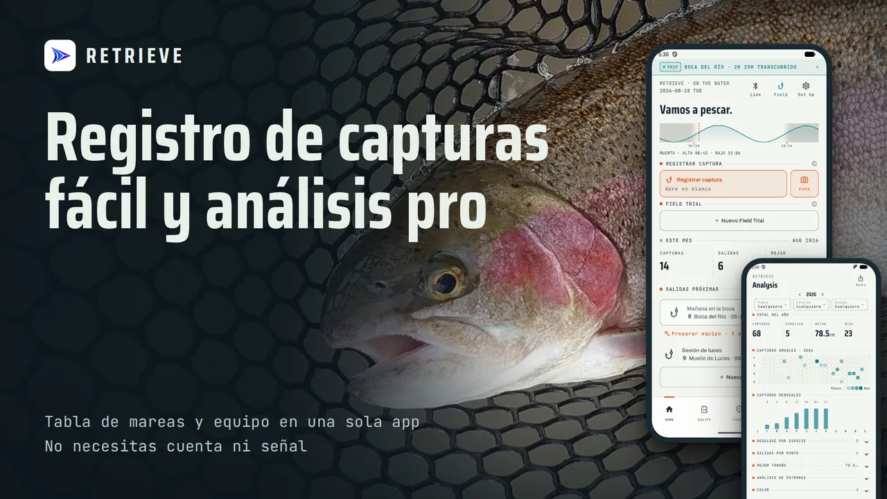 RETRIEVE - Diario de pesca: Capturas, mareas, equipo. Gratis, offline. Anota fácil y mira con qué pican hoy.