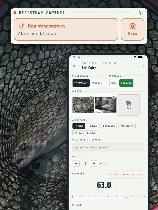 Pantalla de la app de pesca RETRIEVE: Con una mano mojada pocos toques y listo