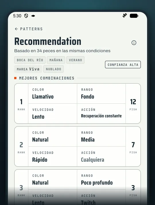 Pantalla de la app de pesca RETRIEVE: Nada de corazonadas elige por resultados