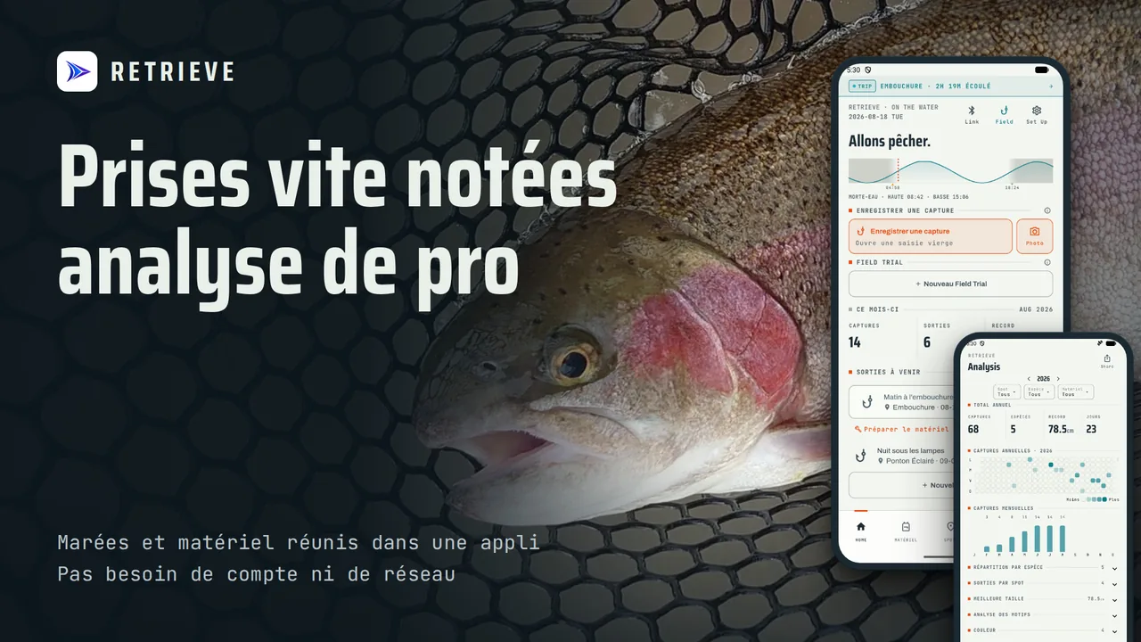 RETRIEVE - Carnet de pêche: Captures, marées, matériel. Gratuit, hors ligne. Notez vite : sur quoi ça mord ?