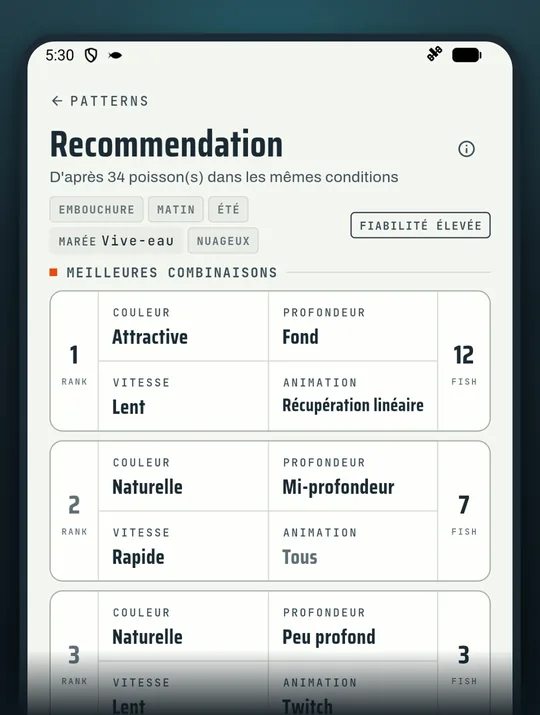 Écran de l'appli de pêche RETRIEVE : Fiez-vous à ce qui a pris et non au flair