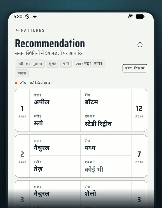 फिशिंग ऐप RETRIEVE की स्क्रीन: अंदाज़े से नहीं अपनी कैच देखकर चुनें