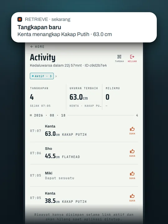 Layar app mancing RETRIEVE: Di blank spot pun teman tetap terhubung