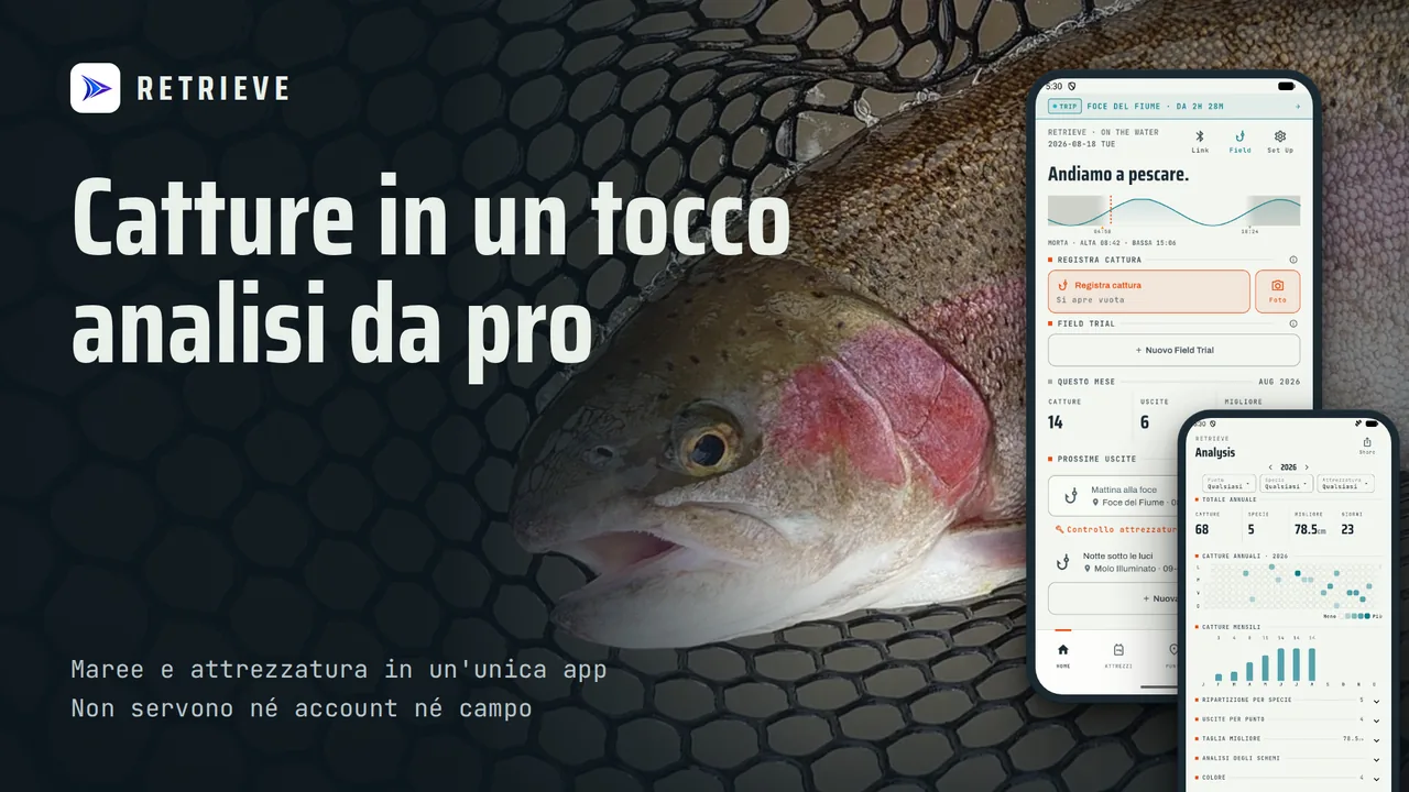 RETRIEVE - Diario di pesca: Catture, maree, attrezzi. Gratis, offline. Registro semplice: su cosa abboccano?