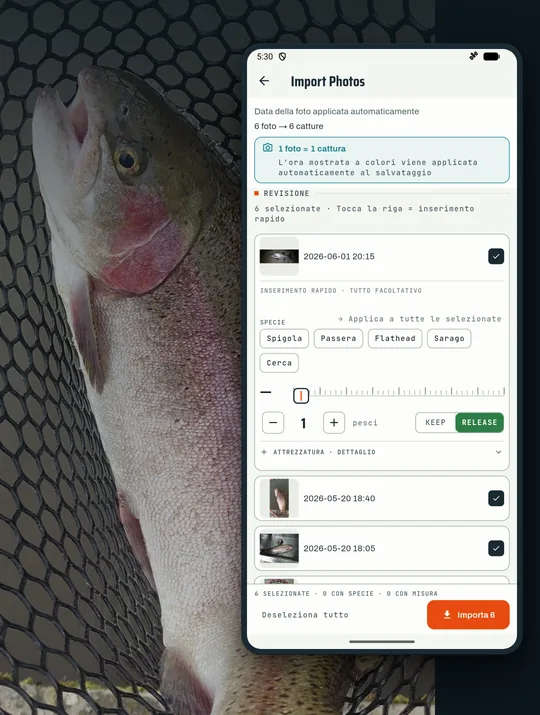 Schermata dell'app di pesca RETRIEVE: Le foto che hai già diventano catture