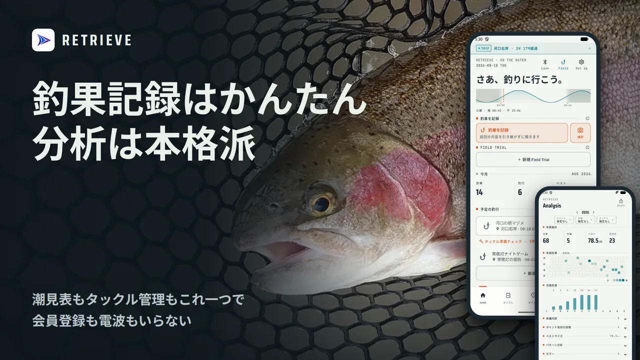 RETRIEVE - 釣り記録＆釣果分析アプリ: 釣果記録・潮見表・タックル管理を、これ一つで。会員登録なし、全機能無料、圏外でも使える。記録はかんたん、投げながら今日の当たりパターンが見えてくる釣りアプリ。