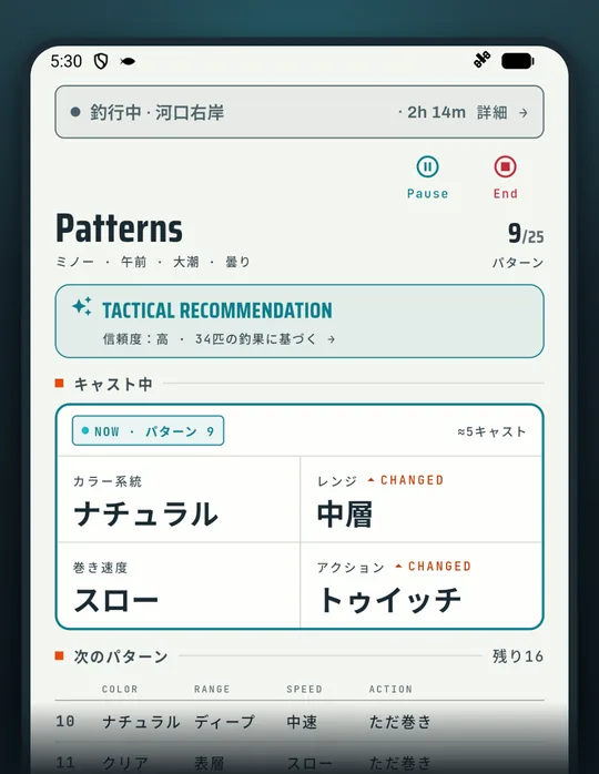 釣りアプリ RETRIEVE の画面: 釣れないときは この順で試す