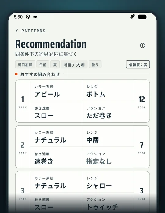釣りアプリ RETRIEVE の画面: 勘ではなく 釣れた実績で選ぶ
