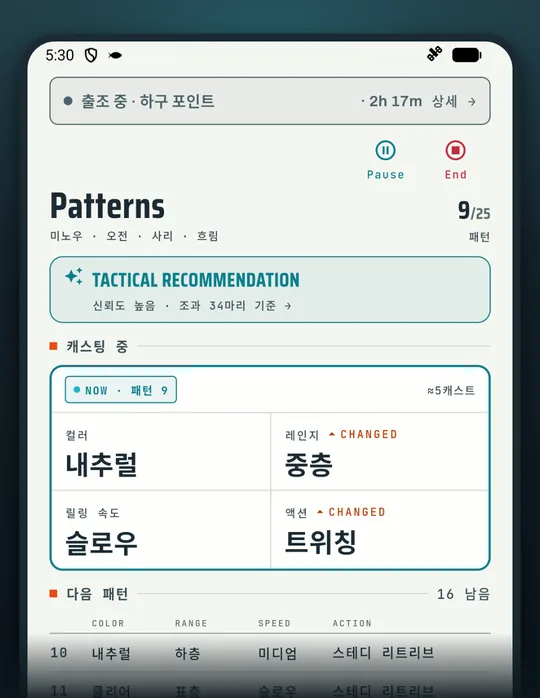 낚시 앱 RETRIEVE 화면: 입질이 없을 때는 이 순서대로 던진다