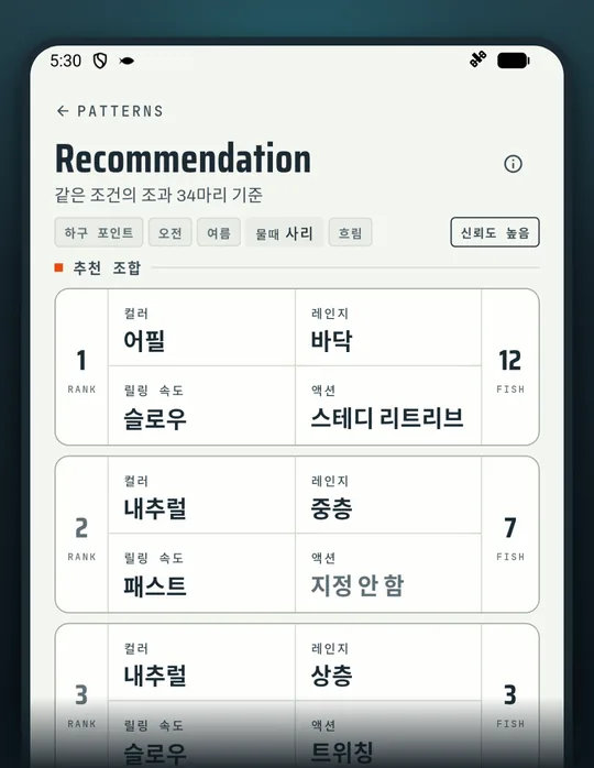 낚시 앱 RETRIEVE 화면: 감이 아니라 실제 조과로 고른다