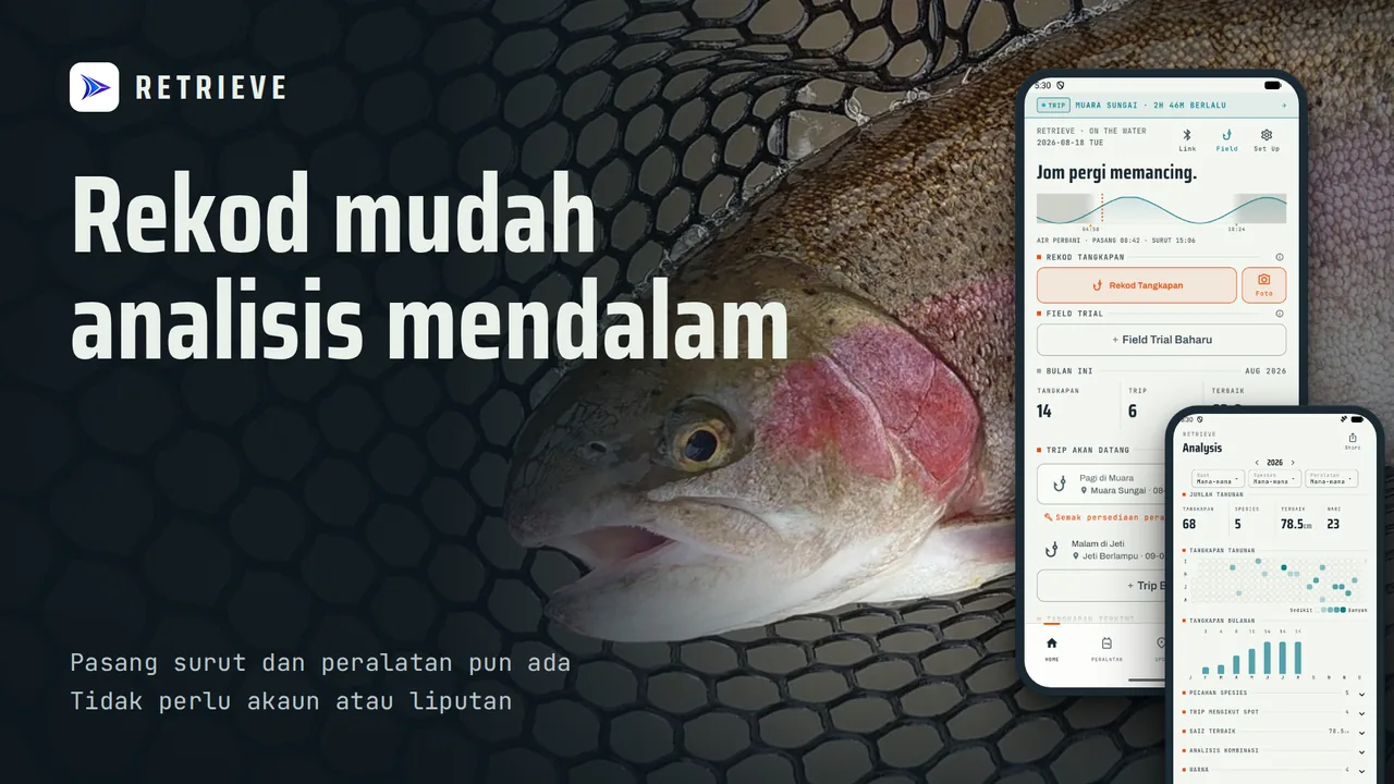 RETRIEVE Rekod & Log Memancing: Log tangkapan, pasang surut, peralatan. Percuma, offline. Cari apa yang menjadi.