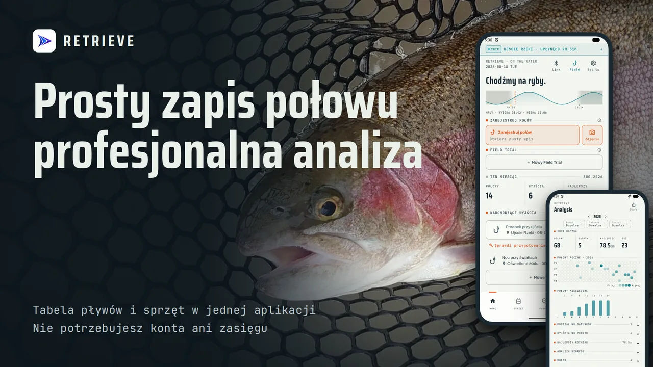 RETRIEVE - Dziennik wędkarski: Połowy, pływy i sprzęt. Za darmo, offline. Prosty zapis i widzisz, na co biorą.