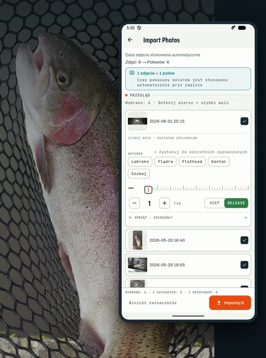 Ekran aplikacji wędkarskiej RETRIEVE: Stare zdjęcia z telefonu od razu stają się wpisami