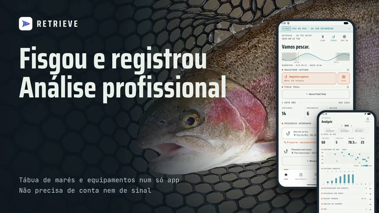 RETRIEVE - Diário de pesca: Capturas, marés e equipamentos. Grátis, offline. Registro fácil: o que dá peixe.