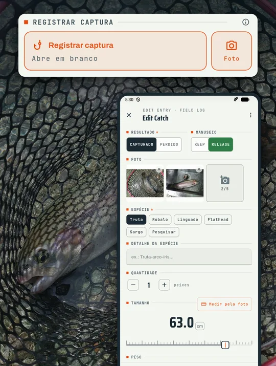 Tela do app de pesca RETRIEVE: Registre com uma mão em poucos toques