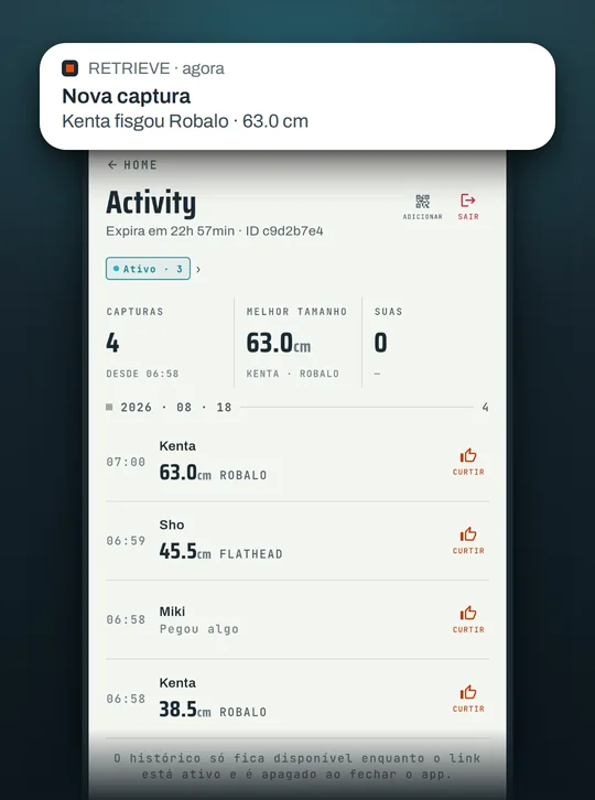 Tela do app de pesca RETRIEVE: A turma segue conectada onde o celular não pega