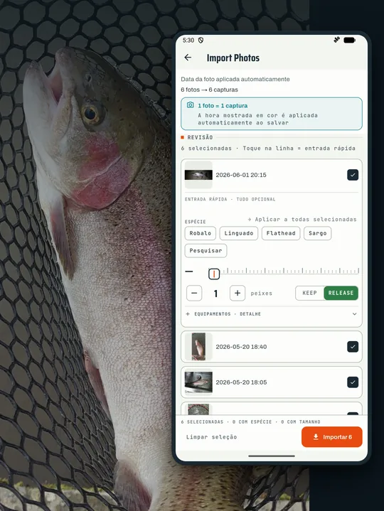 Tela do app de pesca RETRIEVE: Tem fotos antigas? Viram registro de pesca