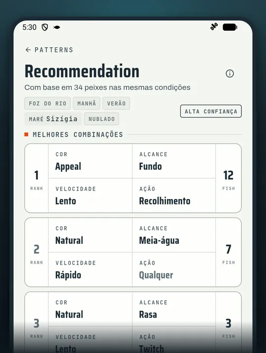 Tela do app de pesca RETRIEVE: Nada de chute Vá no que deu peixe