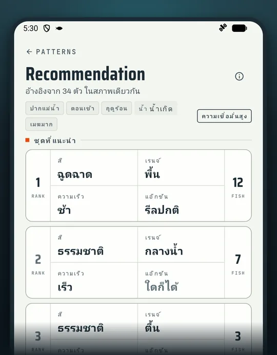 หน้าจอแอปตกปลา RETRIEVE: ไม่ต้องเดาสุ่ม เลือกจากที่เคยได้จริง