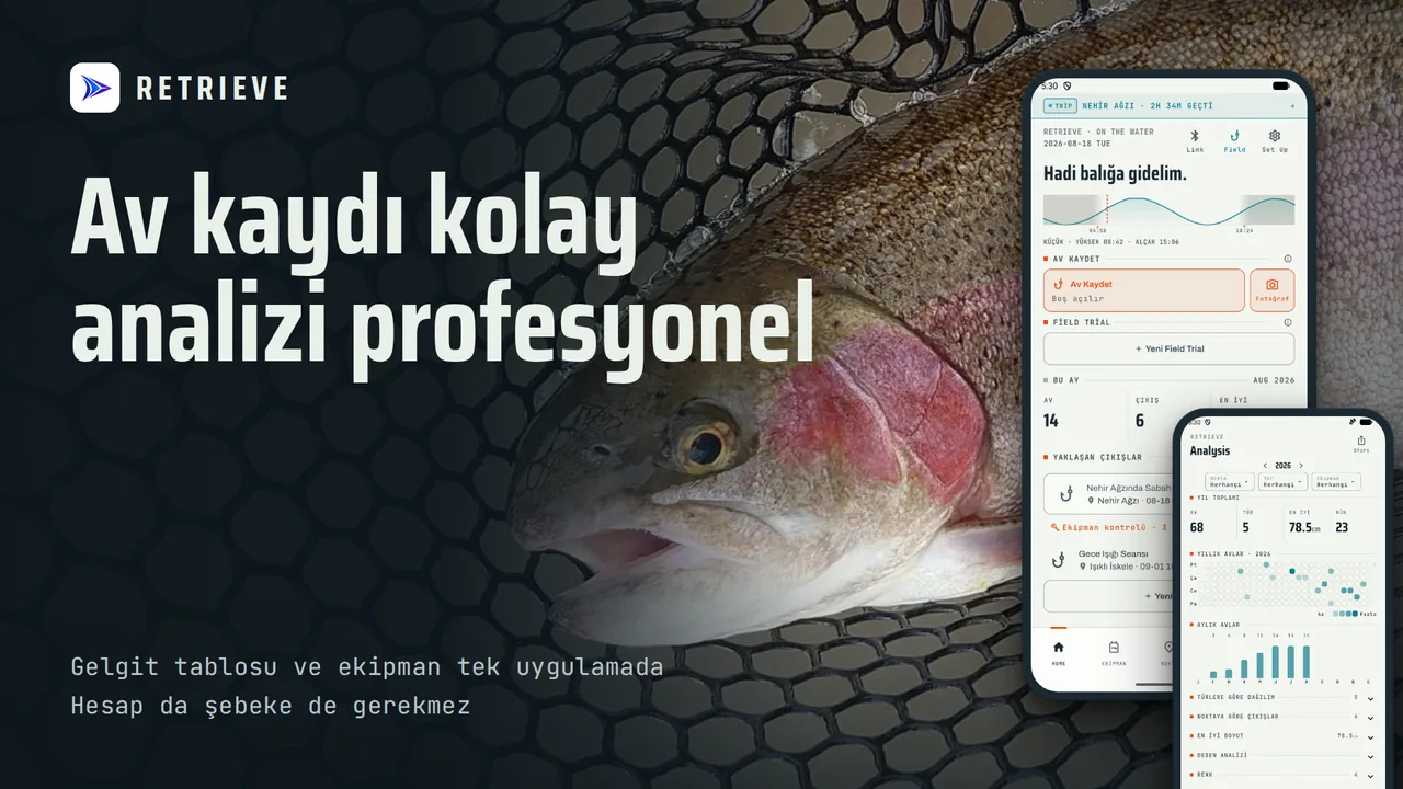 RETRIEVE - Balık Avı Günlüğü: Av kaydı, gelgit, ekipman. Ücretsiz, çevrimdışı. Kaydı kolay, ne tutuyor gör.