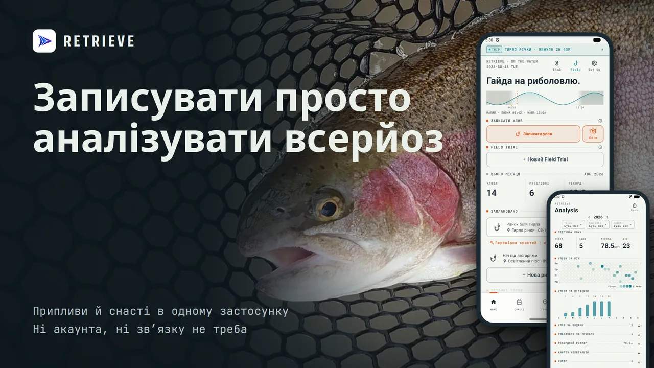 RETRIEVE - Щоденник рибалки: Журнал уловів, припливи, снасті. Безкоштовно, без інтернету. Видно, на що клює.