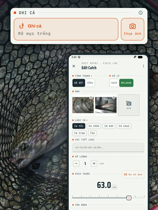 Màn hình app câu cá RETRIEVE: Tay ướt vẫn ghi cá một tay vài chạm