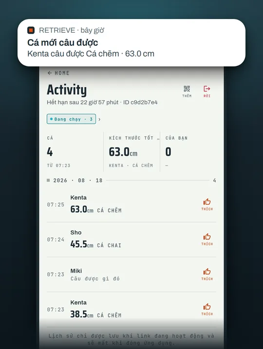 Màn hình app câu cá RETRIEVE: Ở bãi câu mất sóng vẫn kết nối bạn câu