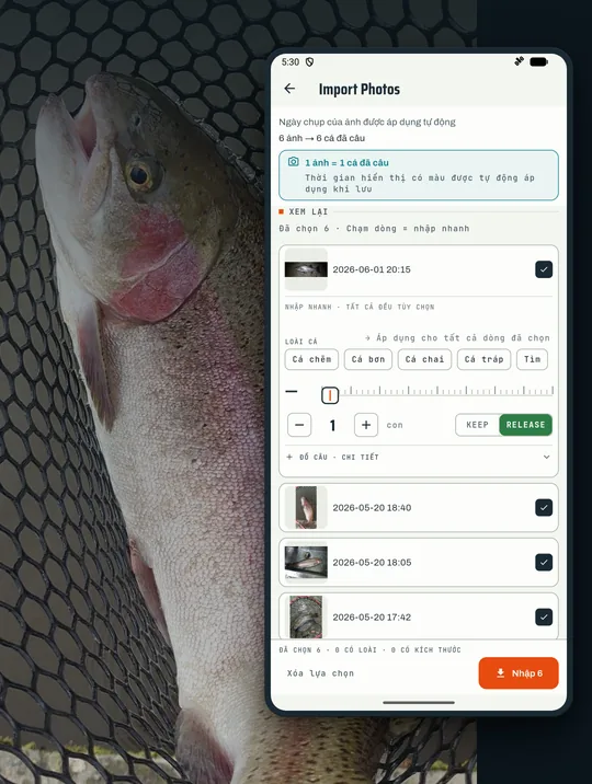 Màn hình app câu cá RETRIEVE: Ảnh cá đã chụp sẵn thành nhật ký câu luôn