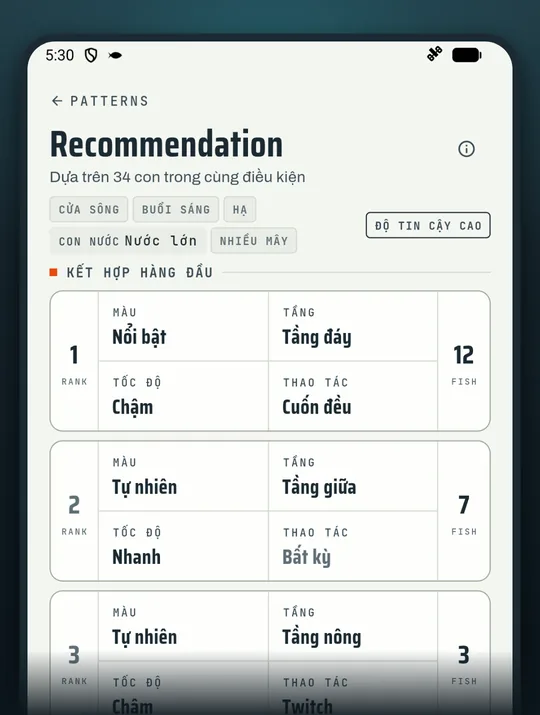 Màn hình app câu cá RETRIEVE: Không đoán mò chọn theo cá đã câu