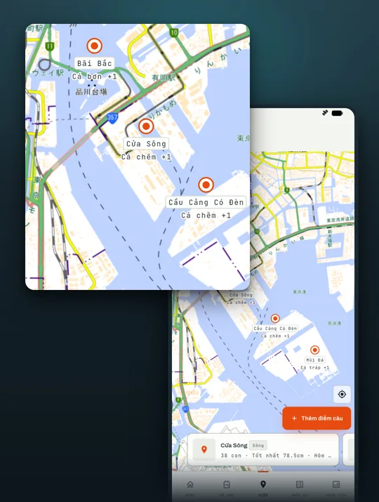 Màn hình app câu cá RETRIEVE: Ghim lên bản đồ tới từng góc kè đá