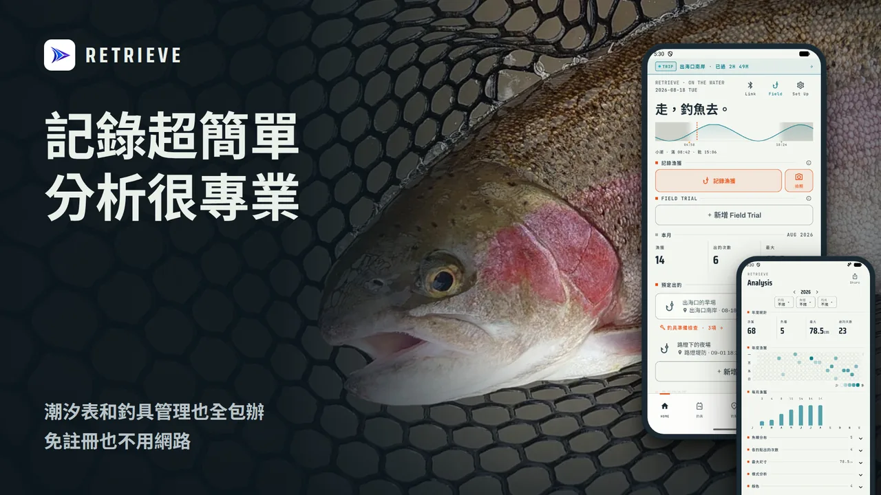 RETRIEVE - 釣魚紀錄＆漁獲分析 App: 漁獲紀錄、潮汐表、釣具管理，一個 App 全搞定。免註冊、全功能免費、沒訊號也能用。記錄超簡單，邊拋投邊找出今天中魚模式的釣魚 App。