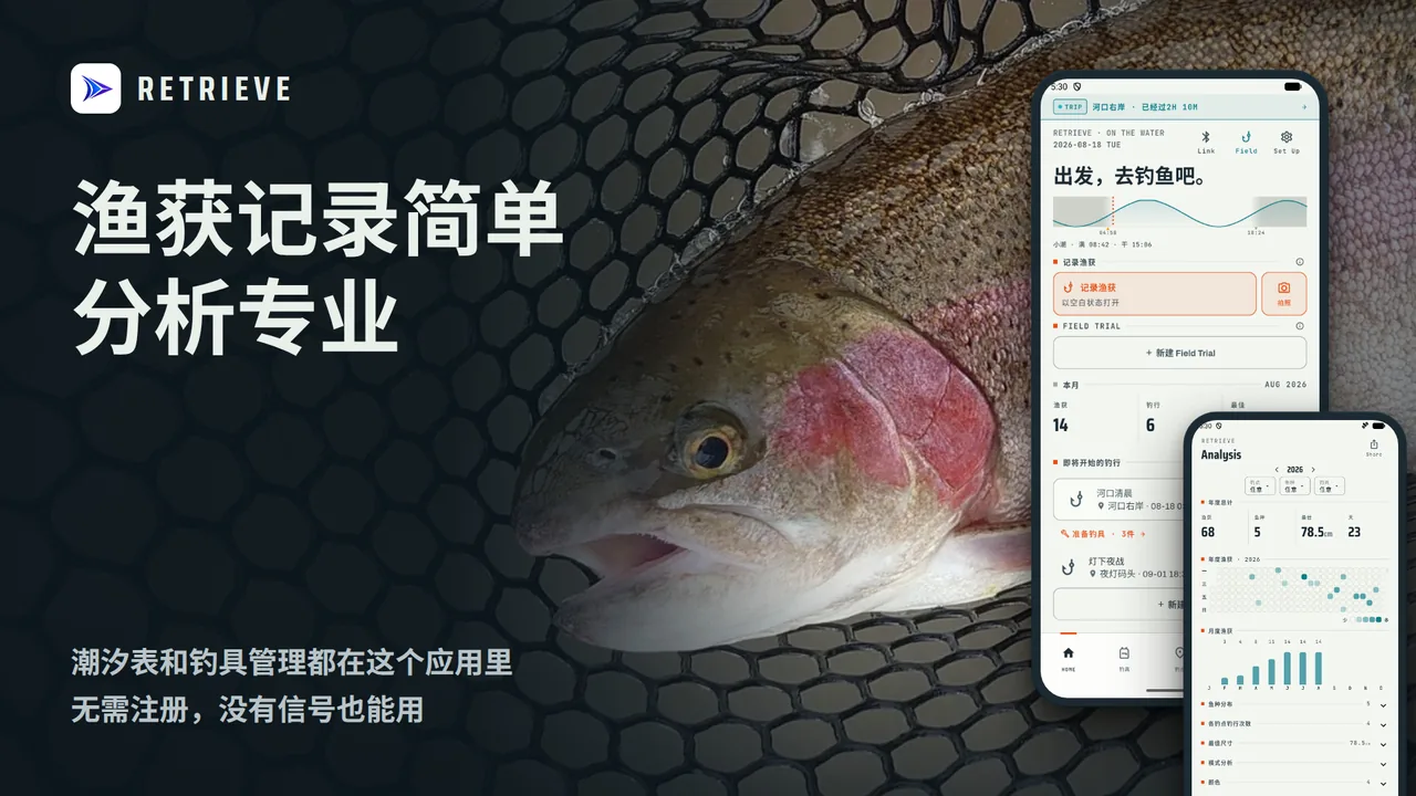 RETRIEVE - 钓鱼记录与渔获分析: 渔获记录、潮汐表、钓具管理，一个应用搞定。无需注册，全部功能免费，离线也能用。记录简单，边抛投边摸清今日路亚中鱼模式的钓鱼应用。